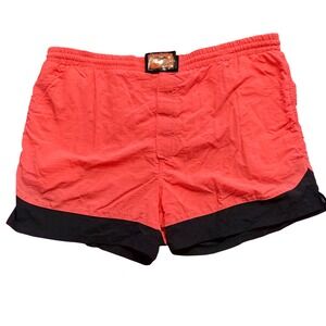 Vintage 90s Shark Neon Swim‎ Trunks Coral Nylon Surf Shorts L Retro Beach